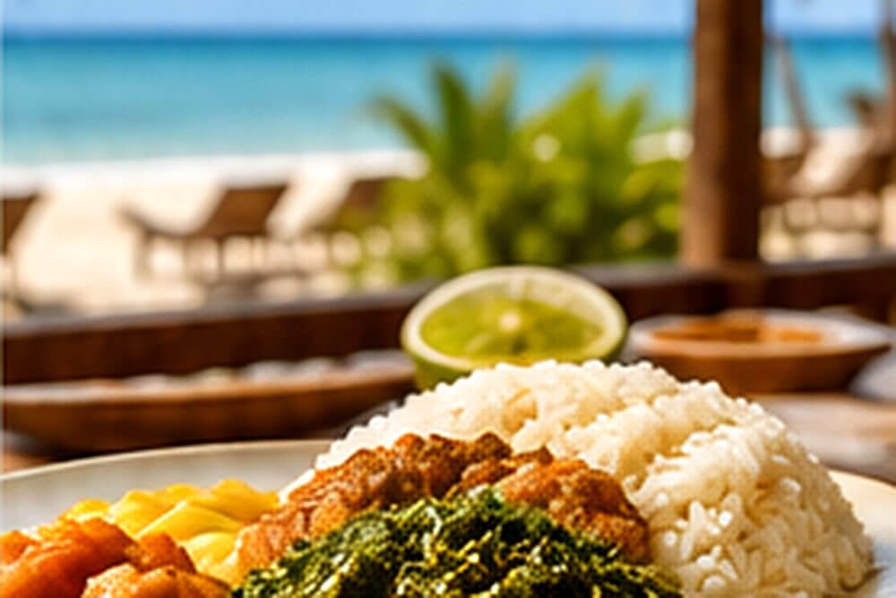 Talerz z posiłkiem na tarasie restauracji przy plaży