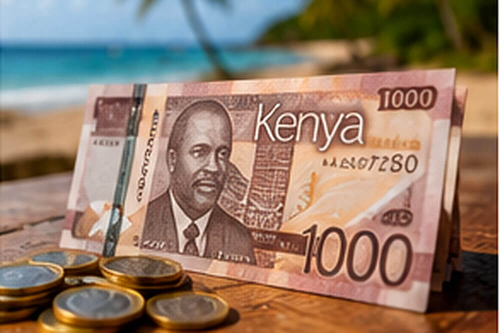 Kenijskie banknoty i monety na stoliku przy plaży