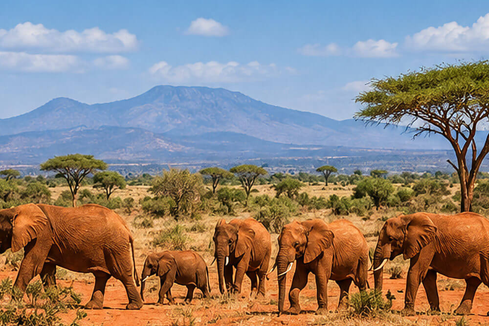 Stado słoni na czerwonej sawannie w Tsavo East