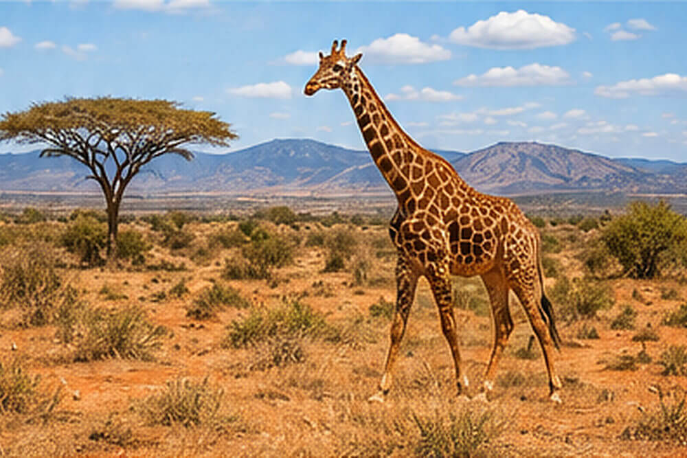 Żyrafa na otwartej sawannie w Tsavo East
