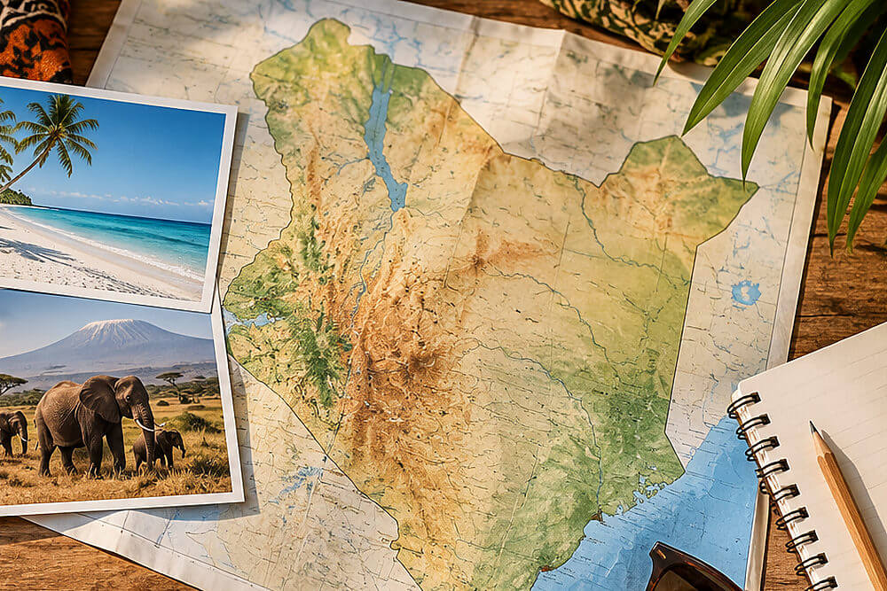 Notatnik i mapa z fotografiami wybrzeża i safari na stole