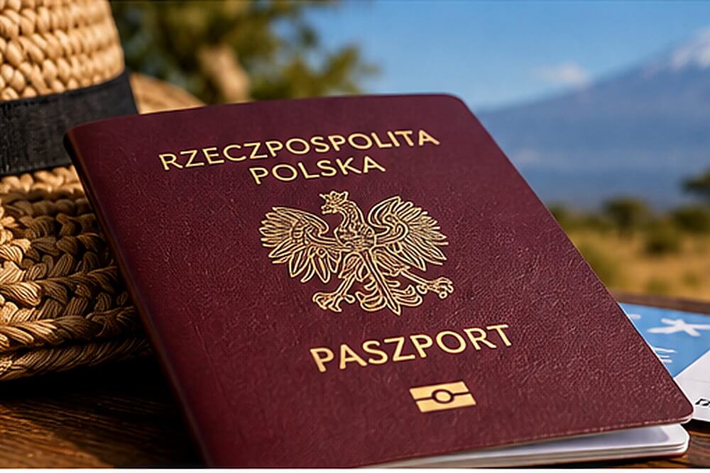 Polski paszport na tle krajobrazu i podróżnych akcesoriów