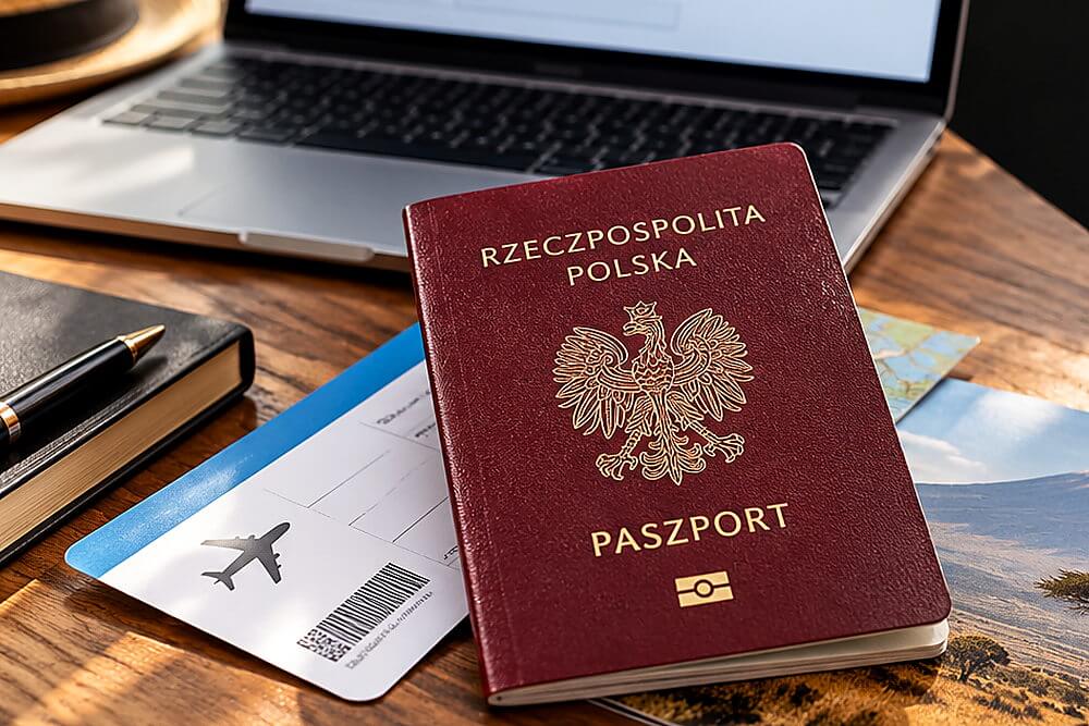 Paszport obok laptopa i biletu lotniczego na stole