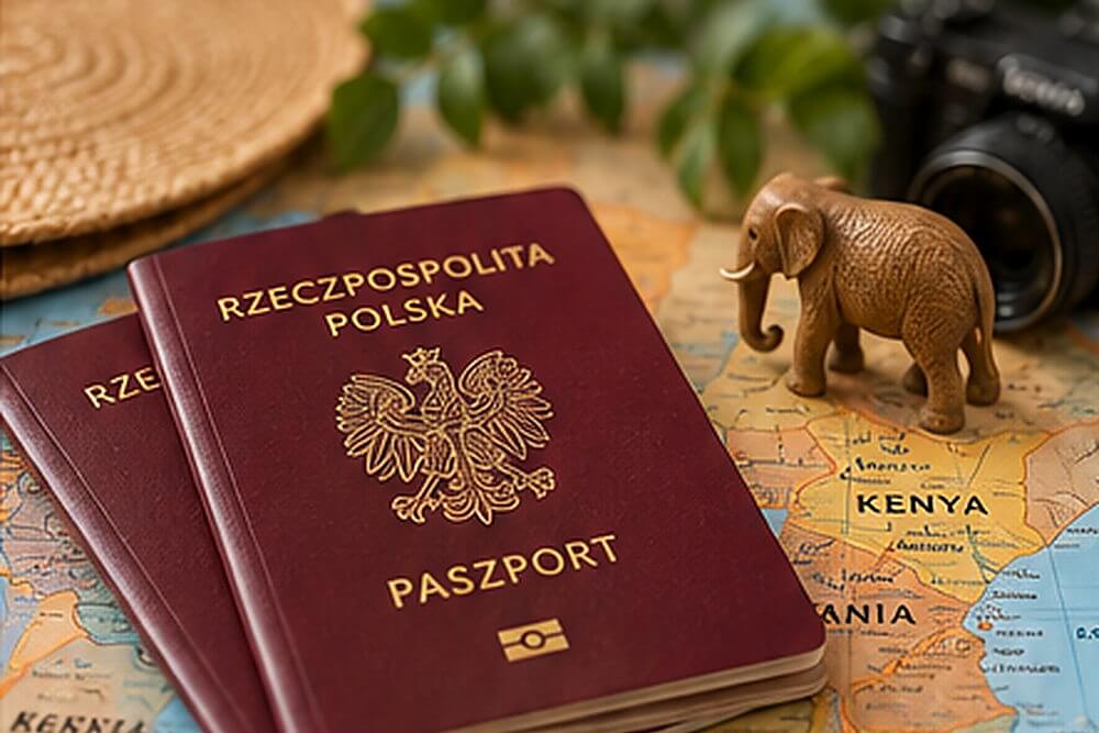 Dwa polskie paszporty na mapie Kenii obok figurki słonia