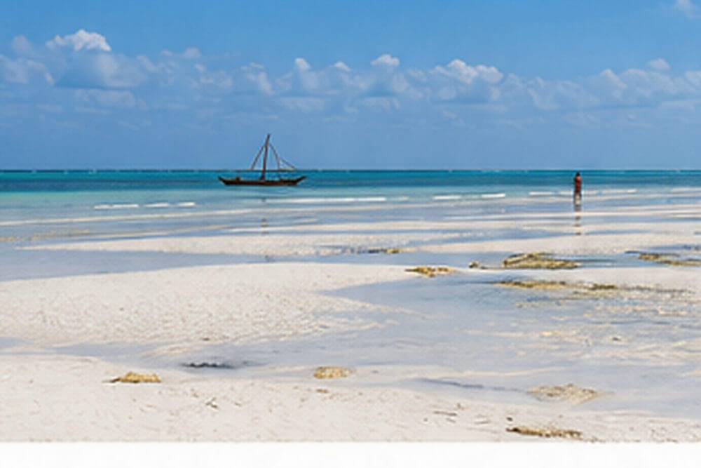 Płytka woda i odsłonięty piasek na Diani Beach podczas odpływu
