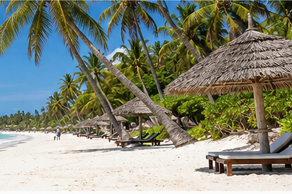 Hotelowe leżaki pod parasolami i palmami przy Diani Beach