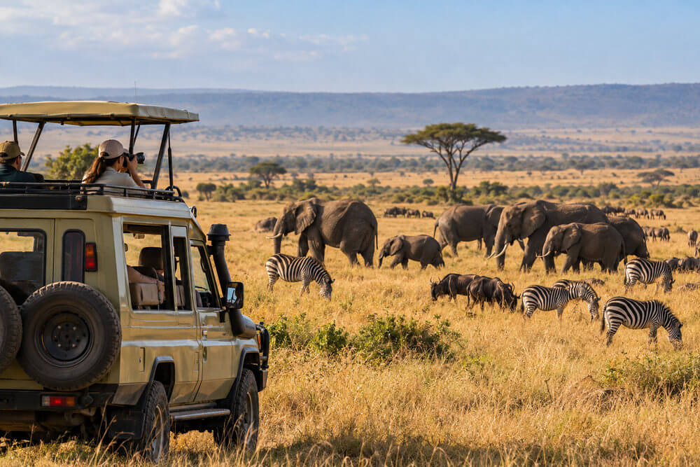 Samochód safari z turystami obserwującymi słonie na sawannie Masai Mara