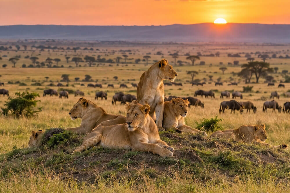 Lwice odpoczywające na pagórku sawanny podczas safari Masai Mara