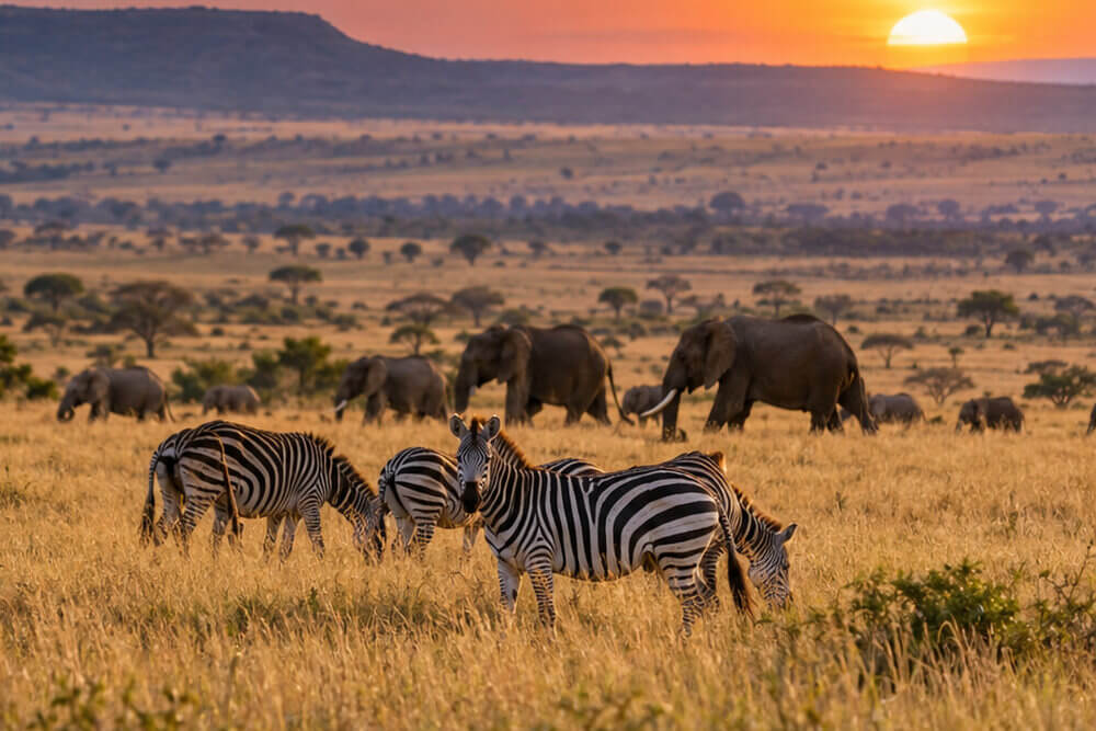 Zebry i słonie na rozległych równinach Masai Mara
