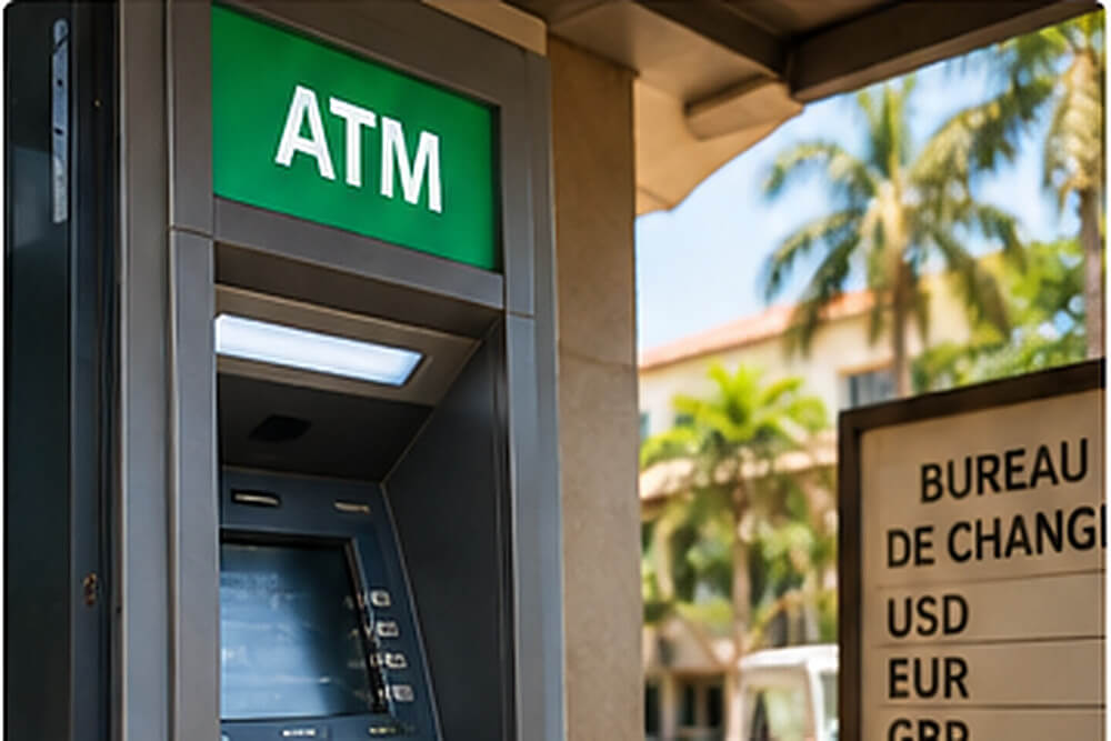 Bankomat z zielonym oznaczeniem ATM obok tablicy wymiany walut