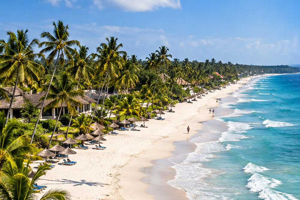 Wizualizacja turkusowej zatoki Watamu z płytką laguną i skałami