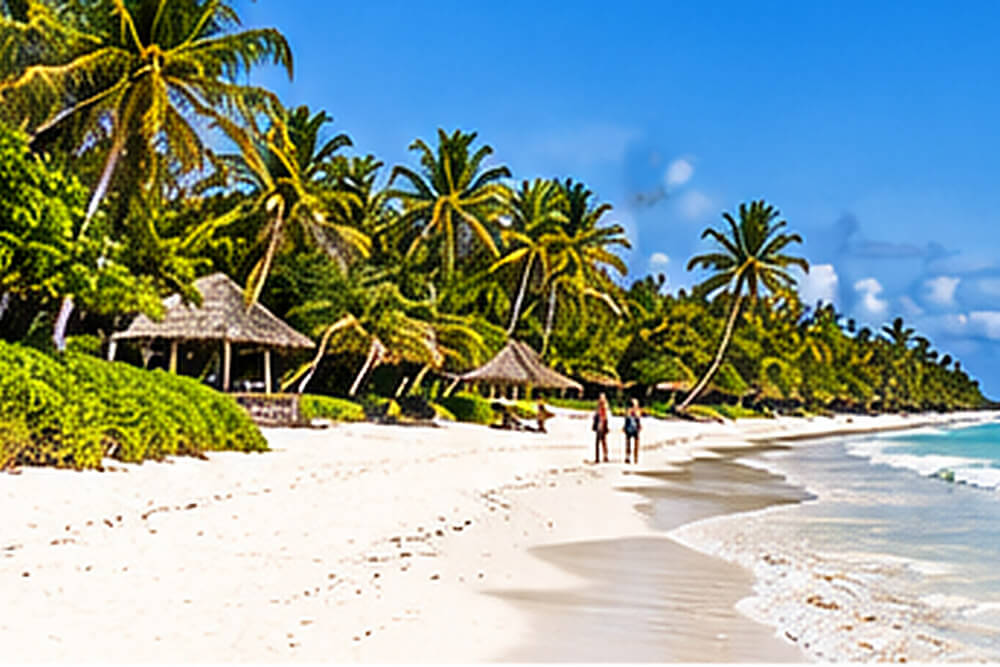 Wizualizacja plaży z palmami i hotelowymi parasolami w Diani Beach
