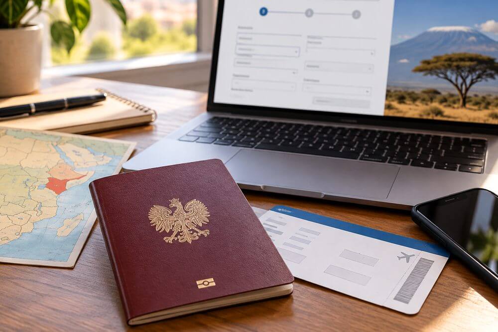 Otwarty laptop i paszport obok klawiatury podczas składania eTA do Kenii