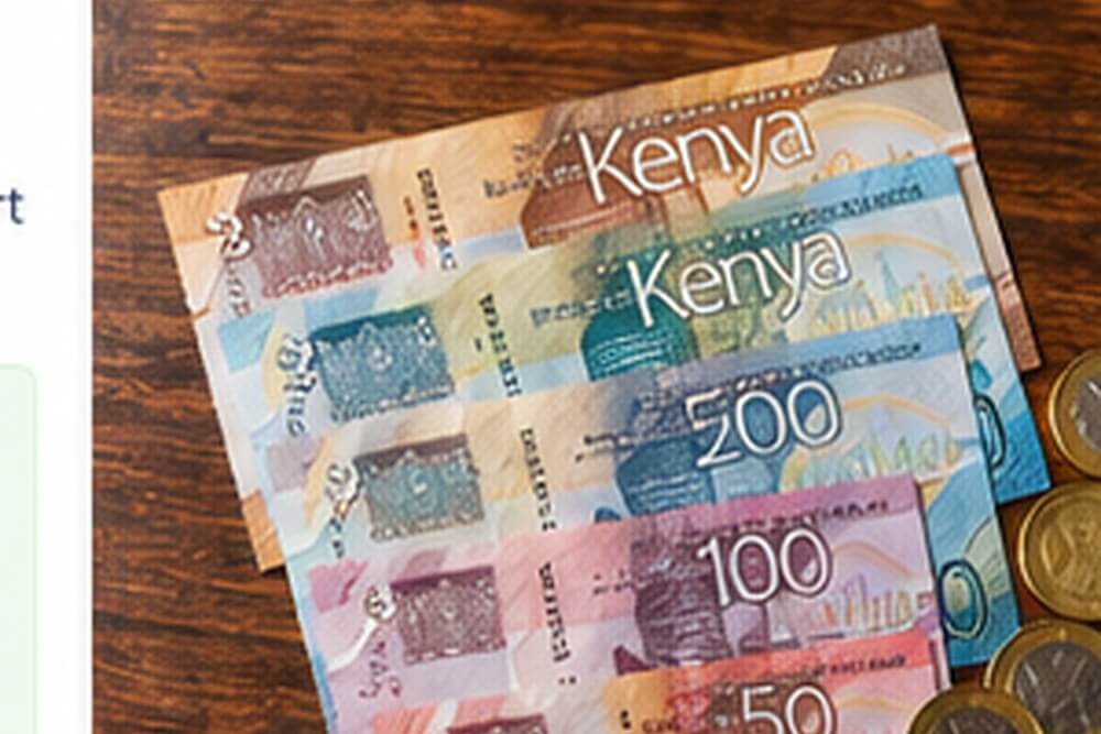 Banknoty i monety szylingów kenijskich na drewnianym blacie