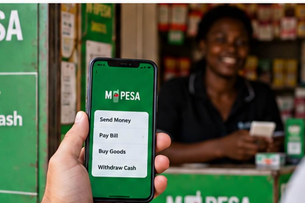 Telefon z M-Pesa używany przy kenijskim stoisku usługowym