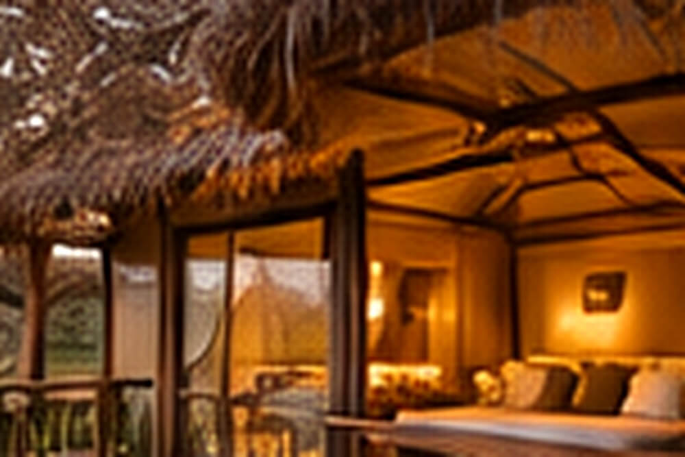 Pokój safari lodge z drewnianym tarasem pośród drzew