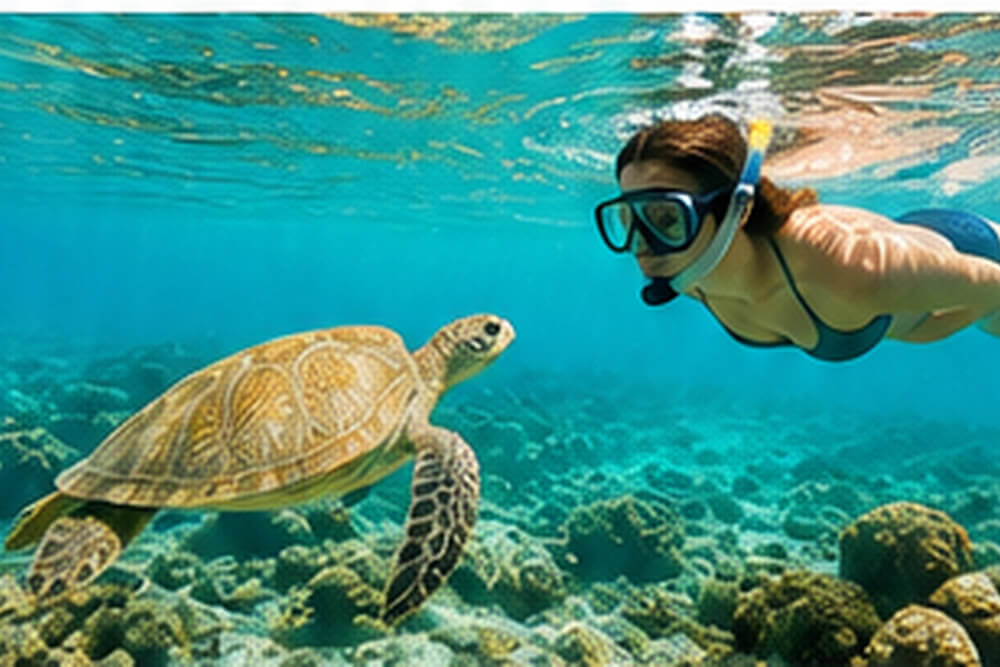 Żółw morski i osoba w masce podczas snorkelingu nad rafą