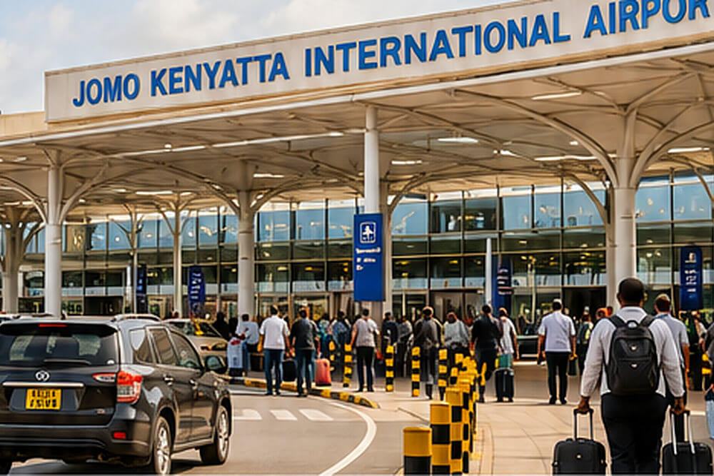 Samochody i pasażerowie przed terminalem Nairobi – wizualizacja