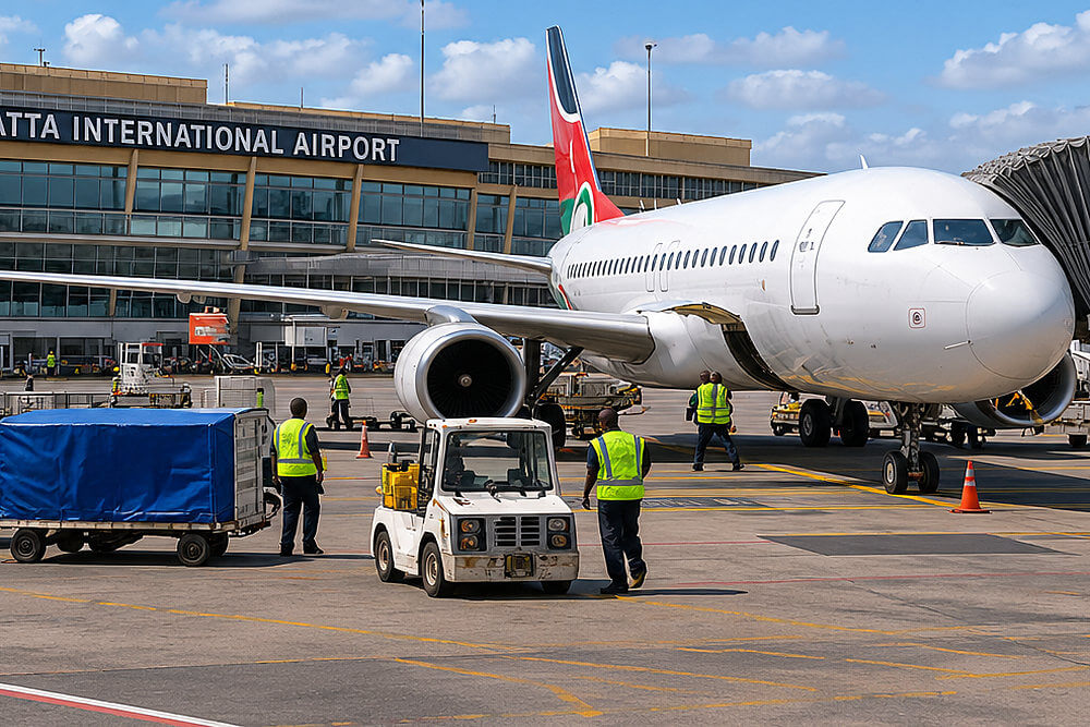 Samolot pasażerski na płycie lotniska Nairobi – wizualizacja