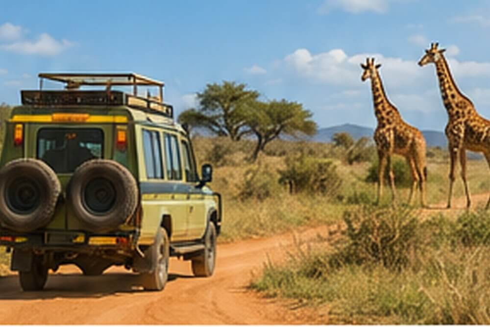 Samochód terenowy do safari z podnoszonym dachem wśród żyraf